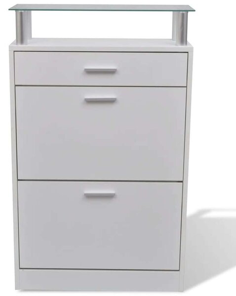 Fehér Cipősszekrény Fiókkal és Üvegpolccal - 63x24x104 cm