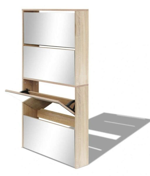 Tükörfrontú Cipőszekrény - 4 Fiók - Tölgyfa - 63x17x134 cm