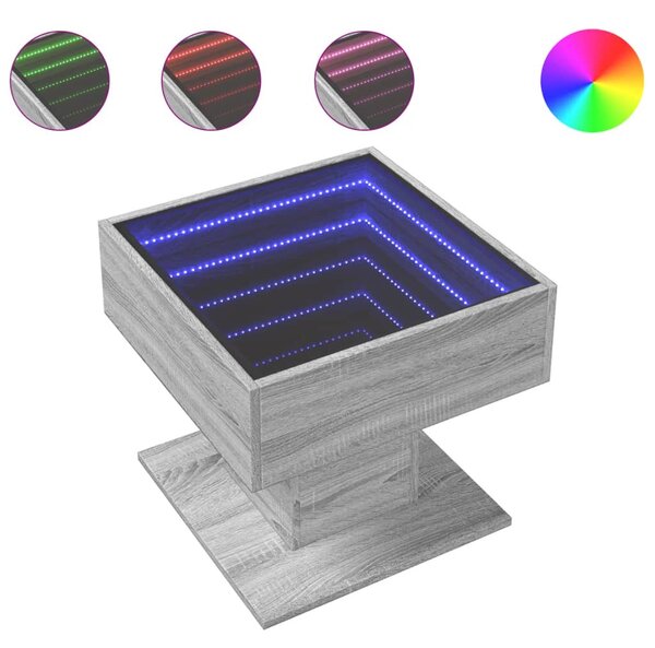 Szürke sonoma szerelt fa dohányzóasztal LED-del 50 x 50 x 45 cm