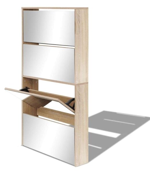 Tükörfrontú Cipőszekrény - 4 Fiók - Tölgyfa - 63x17x134 cm
