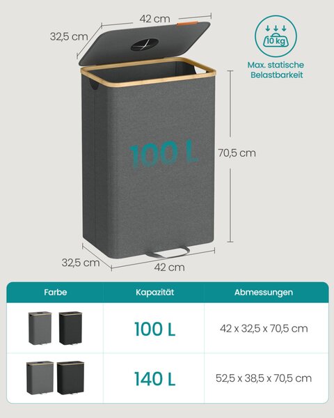 SONGMICS 100 literes szelektív hulladékgyűjtő konténer bambusz kerettel palackszínű szürke és természetes bézs
