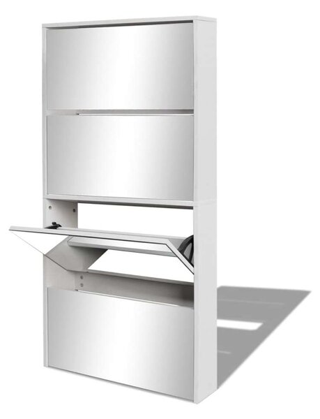 Fehér Tükör Cipőszekrény - 4 Fiókos - 63x17x134 cm