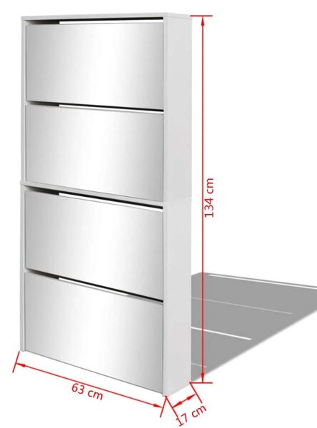 Fehér Tükör Cipőszekrény - 4 Fiókos - 63x17x134 cm