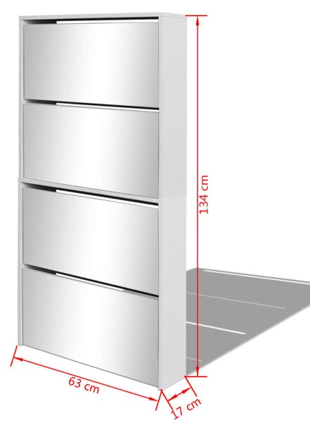 Fehér Tükör Cipőszekrény - 4 Fiókos - 63x17x134 cm