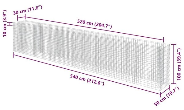 Horganyzott acél gabion magaságyás 540 x 50 x 100 cm