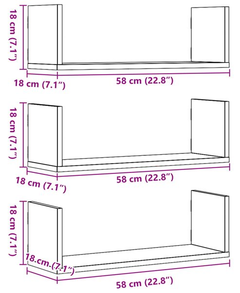 3 db antik fa színű szerelt fa fali polc 58 x 18 x 18 cm