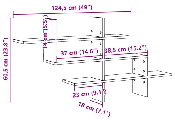 Antik fa színű szerelt fa fali polc 124,5 x 18 x 60,5 cm