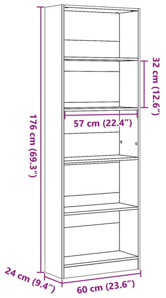 Füstös tölgy színű szerelt fa könyvszekrény 60 x 24 x 176 cm