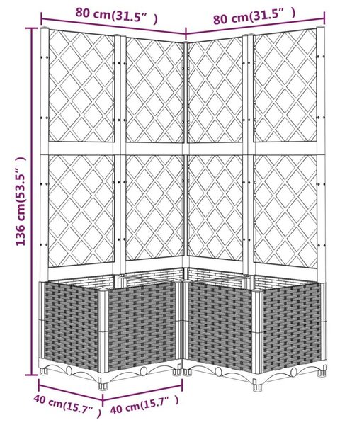 Sötétszürke pp rácsos kerti ültetőláda 80 x 80 x 136 cm