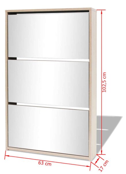 Modern Tölgyfa Cipőszekrény Tükörrel - 3 Fiók - 63x17x102,5 cm