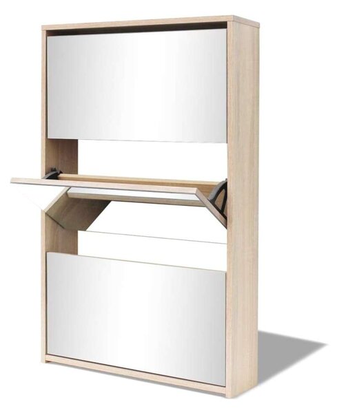 Modern Tölgyfa Cipőszekrény Tükörrel - 3 Fiók - 63x17x102,5 cm