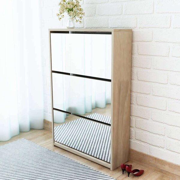 Modern Tölgyfa Cipőszekrény Tükörrel - 3 Fiók - 63x17x102,5 cm