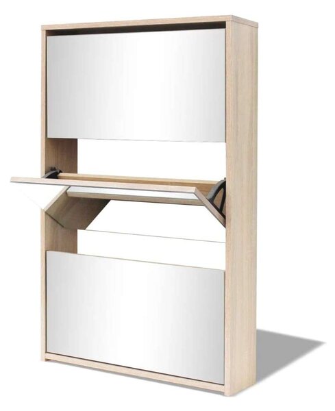 Modern Tölgyfa Cipőszekrény Tükörrel - 3 Fiók - 63x17x102,5 cm