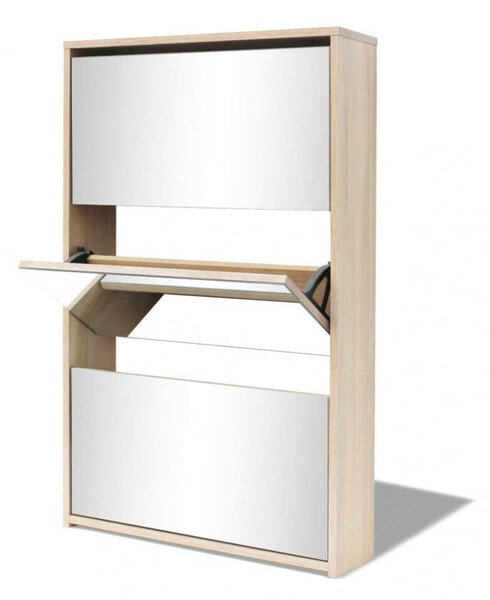 Modern Tölgyfa Cipőszekrény Tükörrel - 3 Fiók - 63x17x102,5 cm