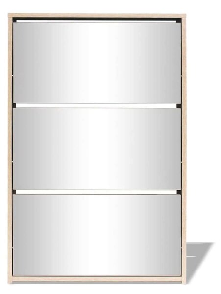Modern Tölgyfa Cipőszekrény Tükörrel - 3 Fiók - 63x17x102,5 cm