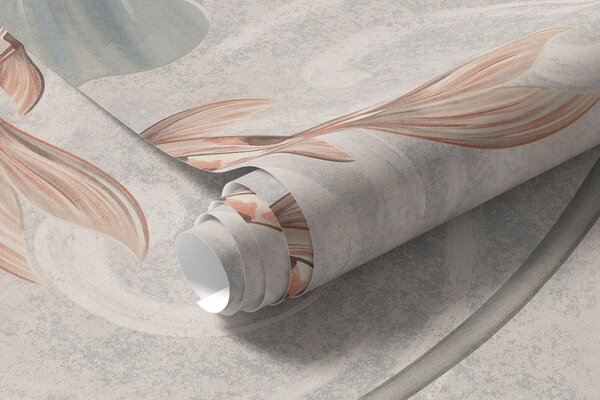 Fotótapéta Koi halak levelek és rózsaszín virágok között halvány háttér előtt, Fotótapéta egyedi, w05807 : Uwalls.hu