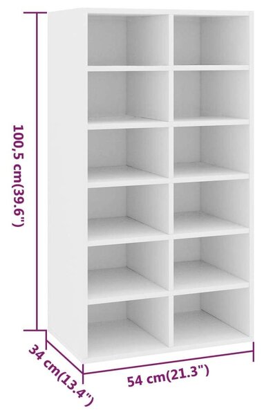 VidaXL 12 Polcos Cipőtartó - Fehér Fa - 54x34x100,5 cm