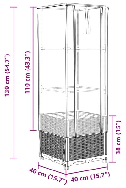 Rattan megjelenésű magaságyás melegháztakaróval 40x40x139 cm