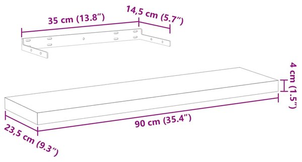 4 db szerelt fa függőpolc 90 x 23,5 x 4 cm