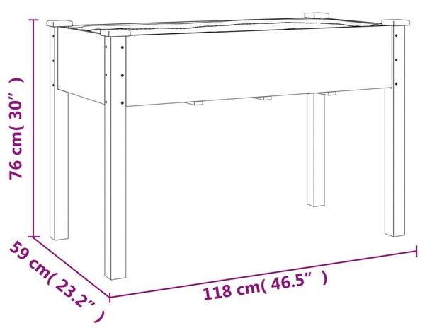 Szürke tömör fenyőfa kerti ültetőláda béléssel 118 x 59 x 76 cm