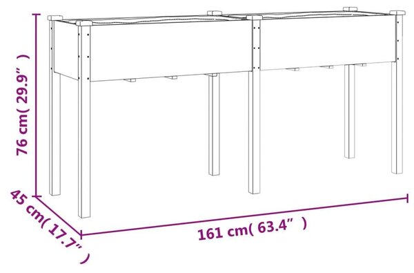 Barna tömör fenyőfa kerti ültetőláda béléssel 161x45x76 cm