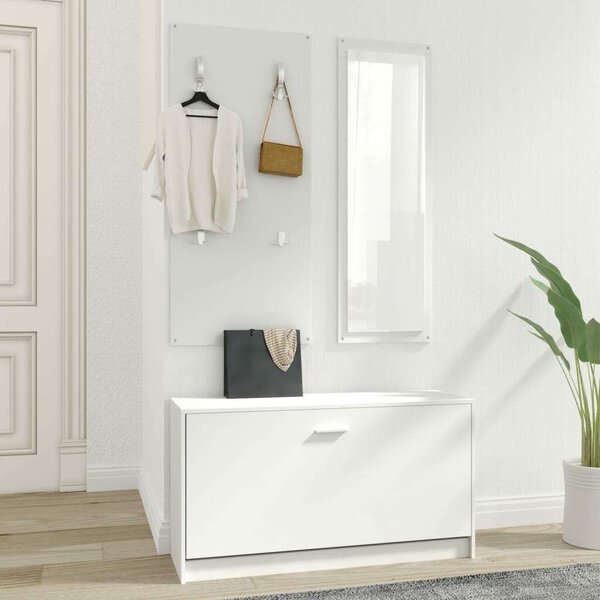 Fehér 3 az 1-ben Cipőszekrény Szett - Tükörrel és Fogaspanel - 80x27x46,5 cm
