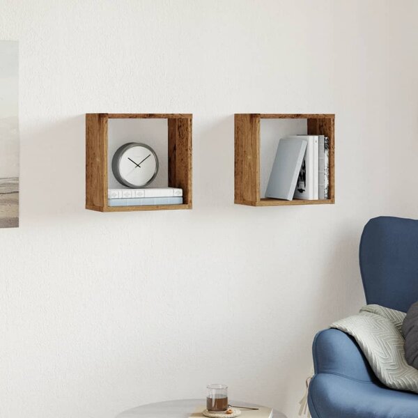 2 db antik fa színű szerelt fa fali kockapolc 30x15x30 cm