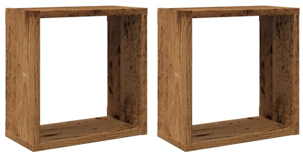 2 db antik fa színű szerelt fa fali kockapolc 30x15x30 cm