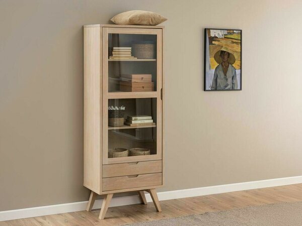 Könyvespolc Norsica Albene 103, Zárt, Fiókokkal, Ajtókkal, Edzett üveg, Természetes fa furnér, Laminált forgácslap, 190x72x42cm, Világos tölgy, Részben összeszerelt, Tölgy