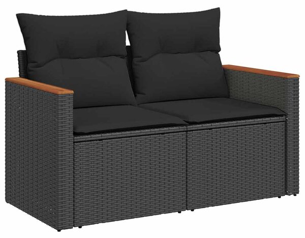 Kétszemélyes fekete polyrattan kerti kanapé párnákkal