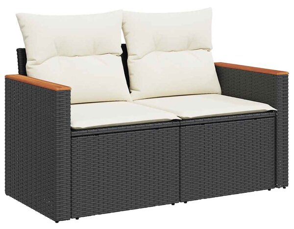 9 részes fekete polyrattan akácfa kerti ülőgarnitúra párnákkal