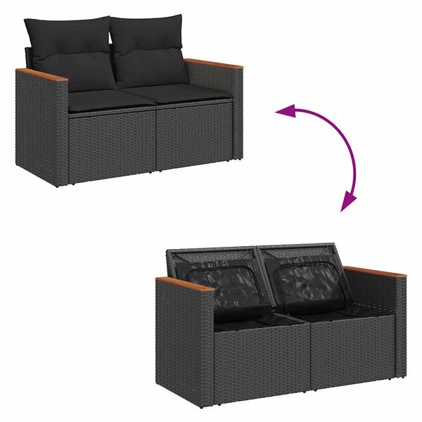 10 részes fekete polyrattan akácfa kerti ülőgarnitúra párnákkal