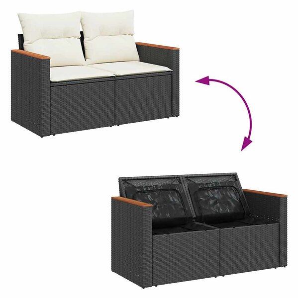 6 részes fekete polyrattan akácfa kerti ülőgarnitúra párnákkal