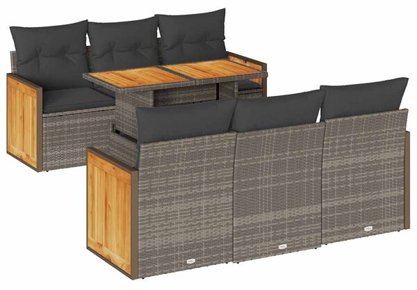 7 részes szürke polyrattan akácfa kerti ülőgarnitúra párnákkal