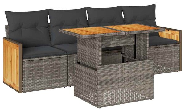 5 részes szürke polyrattan akácfa kerti ülőgarnitúra párnákkal