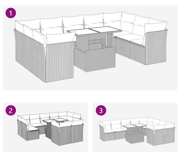 10 részes fekete polyrattan akácfa kerti ülőgarnitúra párnákkal