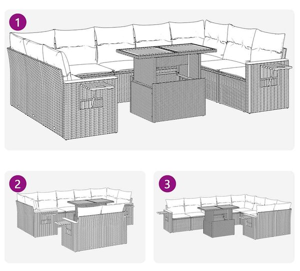 10 részes fekete polyrattan akácfa kerti ülőgarnitúra párnákkal