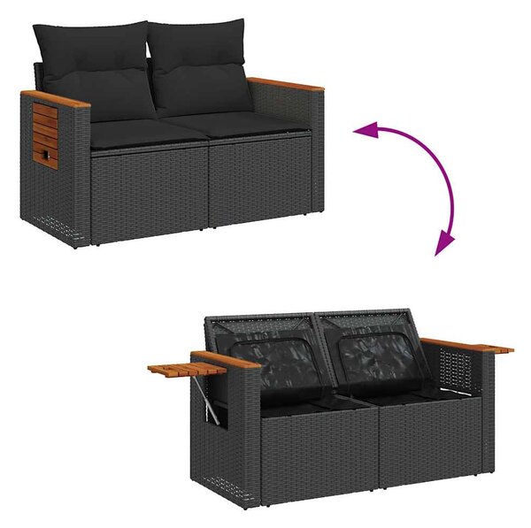 10 részes fekete polyrattan akácfa kerti ülőgarnitúra párnákkal