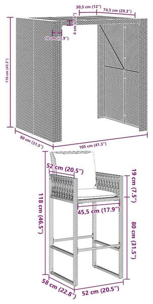 3 részes fekete polyrattan akácfa kerti bárszett párnával