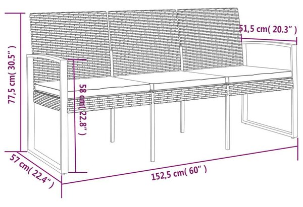 Kerti Pad - 3 Személyes - PP Rattan - Fekete