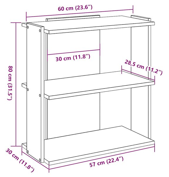 3 szintes fekete szerelt fa könyvespolc 60x30x80 cm