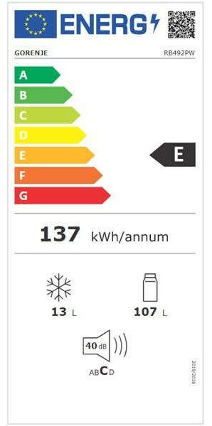 Gorenje RB492PW Egyajtós hűtőszekrény, 120L, M: 84,5,CrispZone, E energiaosztály, Fehér