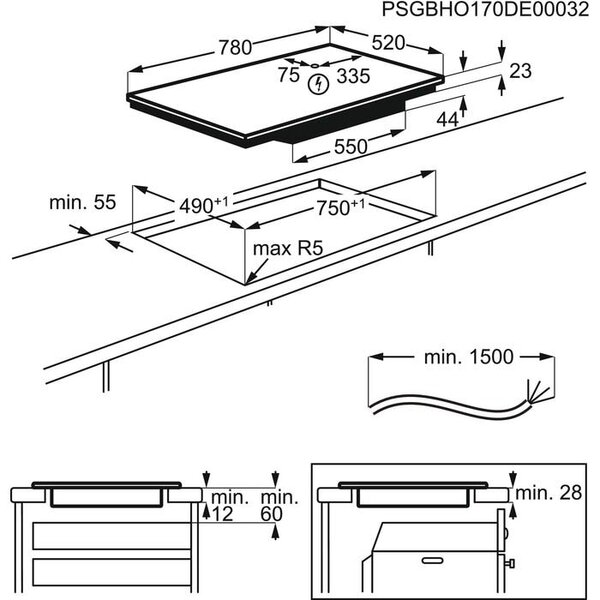 Electrolux EIV854 Beépíthető indukciós főzőlap, 78 cm, 4 főzőzóna, FlexiBridge®, Fekete