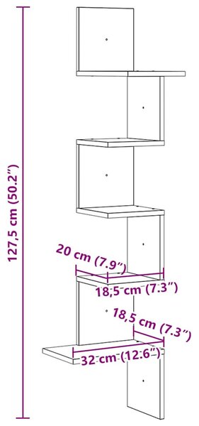 Fehér forgácslap fali sarokpolc 32x32x127,5 cm