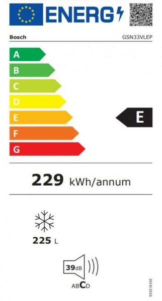 Bosch GSN33VLEP Fagyasztószekrény, 225L, M:176cm, elektronikus hőmérsékletszabályozás, E energiaosztály, Inox