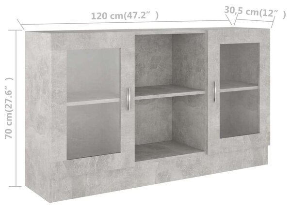 Betonszürke forgácslap vitrinszekrény 120 x 30,5 x 70 cm
