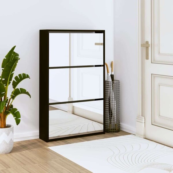 Fekete Cipőszekrény Tükörrel - 3 Fiókos - 63x17x102,5cm