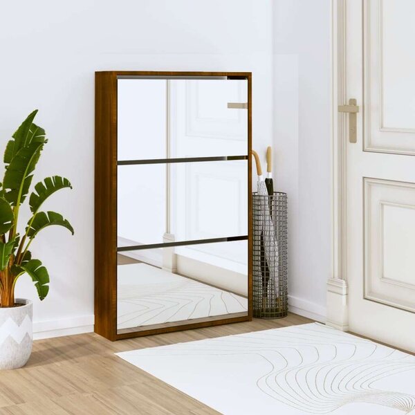3-szintes Cipőszekrény Tükörrel - Barna Tölgy - 63x17x102,5 cm