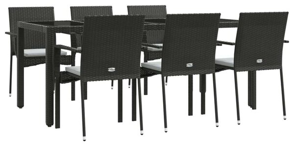7 részes fekete polyrattan kerti étkezőgarnitúra párnával