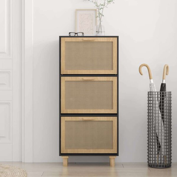 Rattan Cipőtartó Szekrény - Fekete Fa - 3 Fiókos - 52x25x115cm
